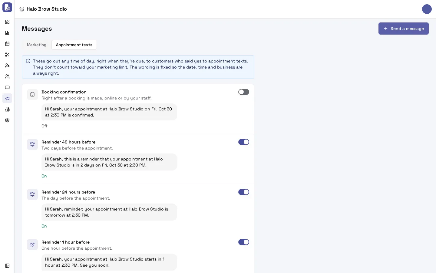 Marketing > Messages, Appointment texts tab with the booking confirmation, three reminders and the thank-you