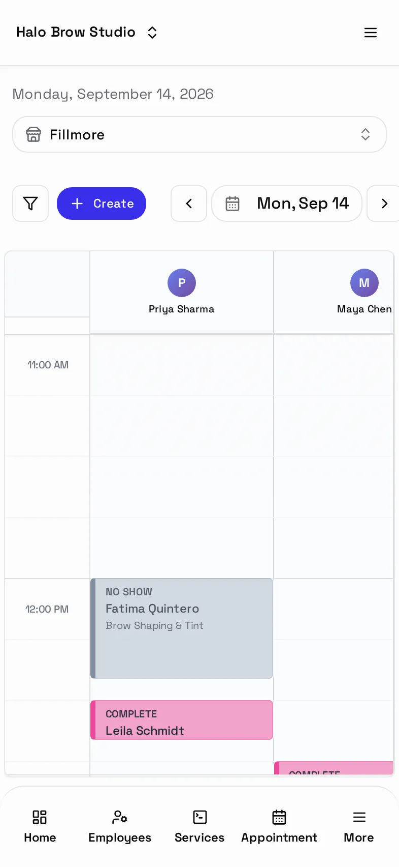The Bookings calendar on a phone