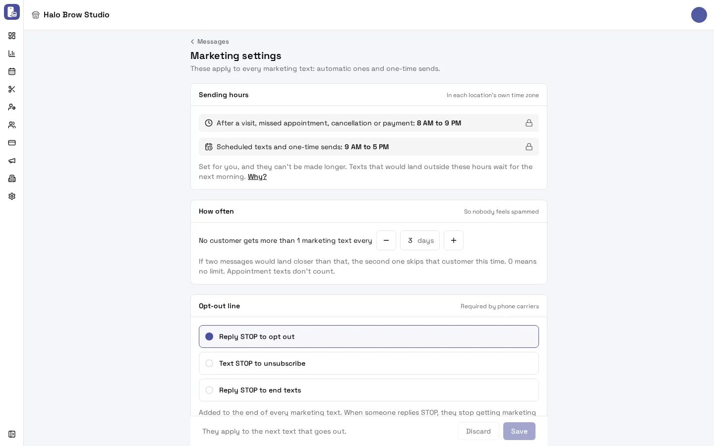 Marketing settings: sending hours, how often, opt-out line and business name at the start