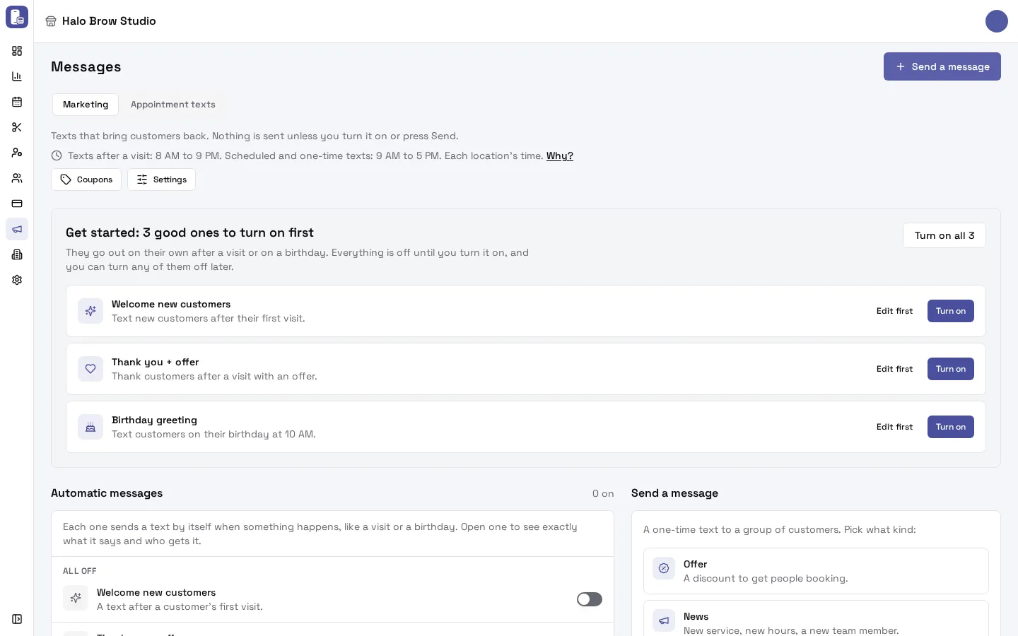 Marketing > Messages, Marketing tab: Get started with three messages, the Automatic messages list and Send a message