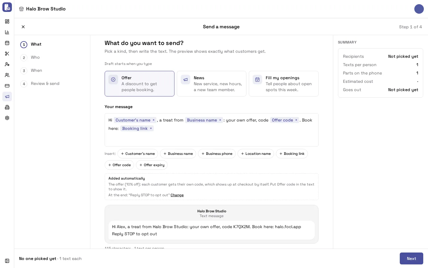 Send a message, step 1 of 4: pick Offer, News or Fill my openings, write the text and see the phone preview