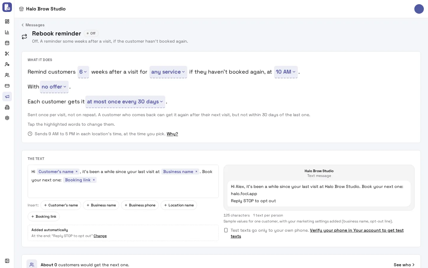 The Rebook reminder page: weeks after the visit, service, send time, offer and how often each customer gets it