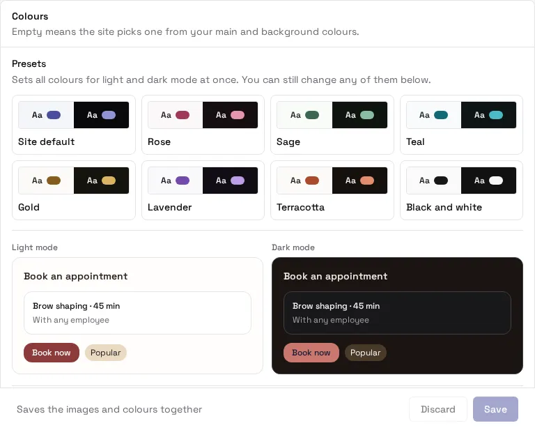 The Colours section of Booking site look, with eight presets and a light and dark mode preview