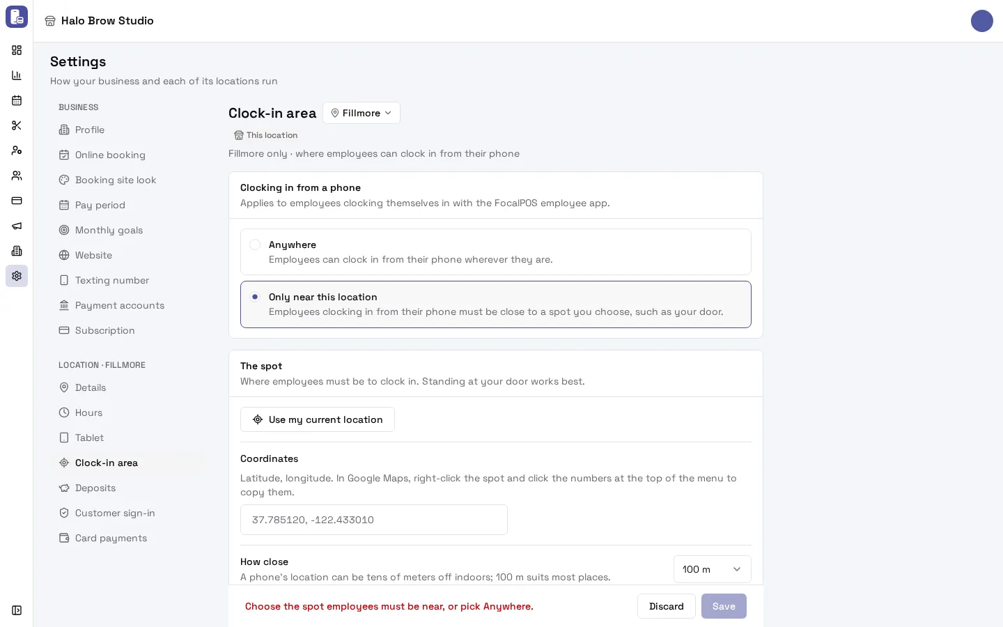 Settings, Clock-in area page with 'Only near this location' chosen, showing The spot with 'Use my current location', Coordinates and How close