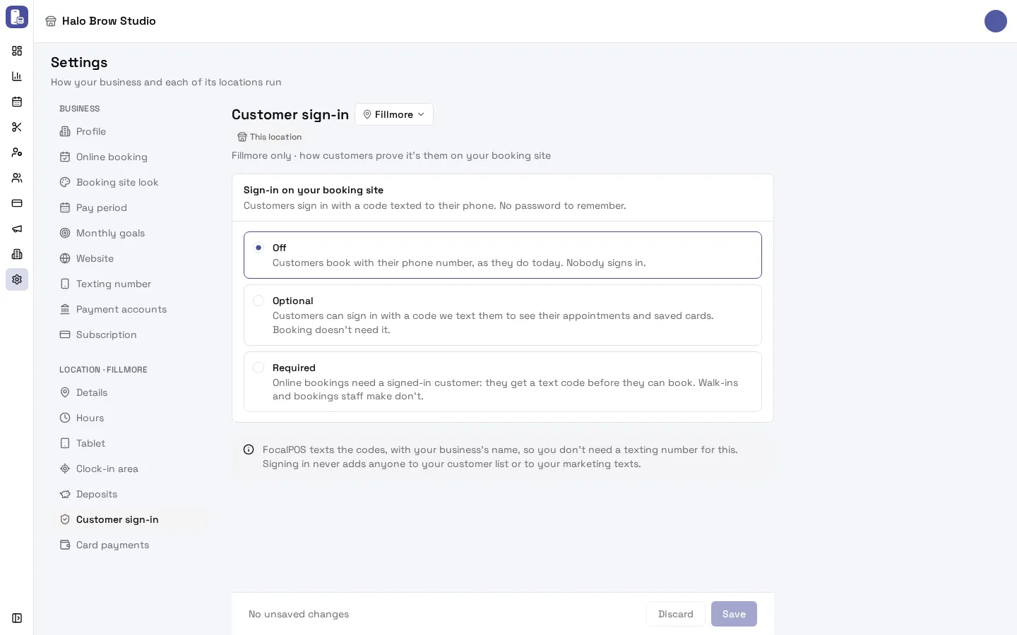 Settings, Customer sign-in page with the choices Off, Optional and Required