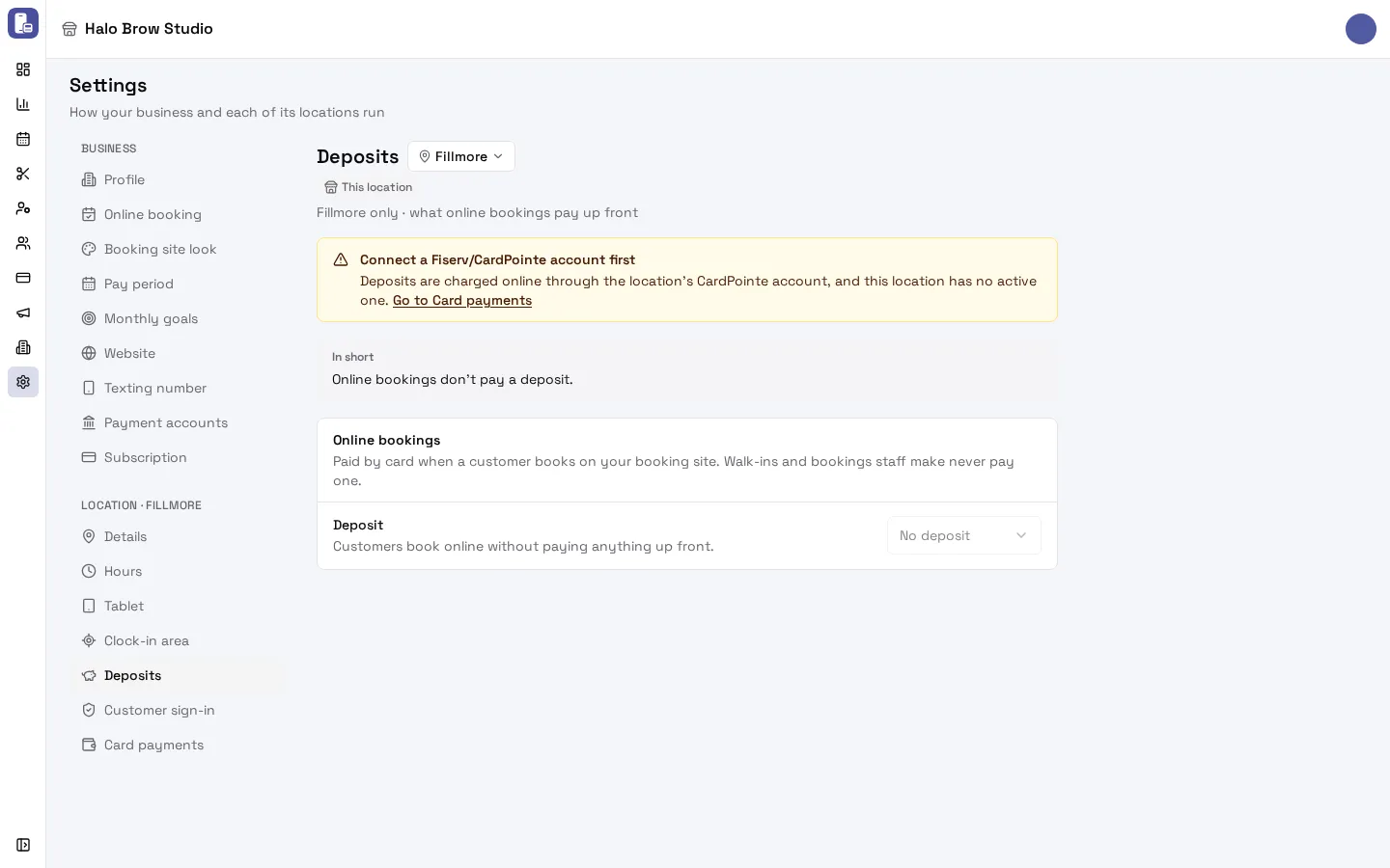 Settings, Deposits page for one location, showing the note 'Connect a Fiserv/CardPointe account first', the In short summary and the Deposit choice