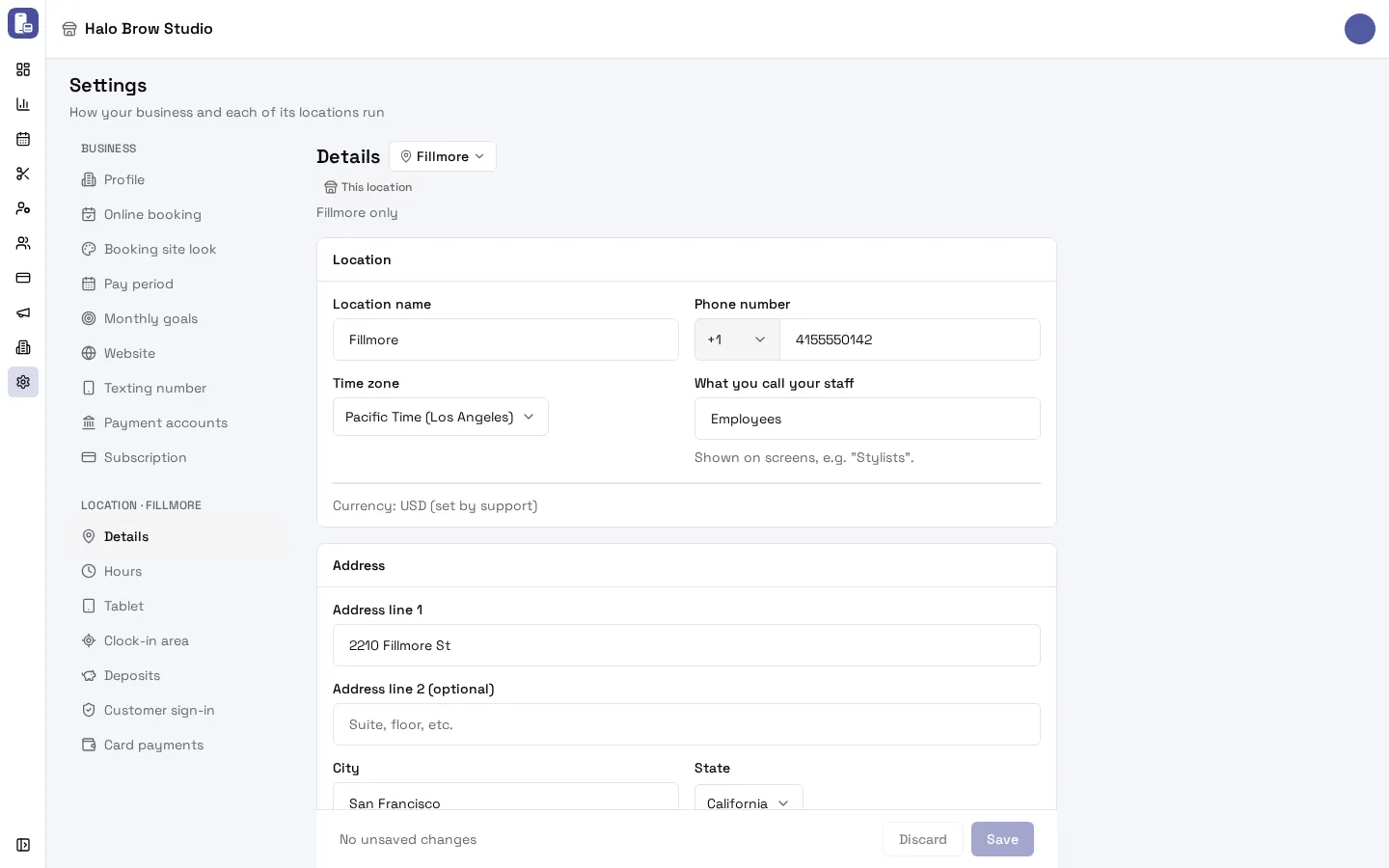 Settings, Details page for one location, with Location name, Phone number, Time zone, What you call your staff and the Address fields