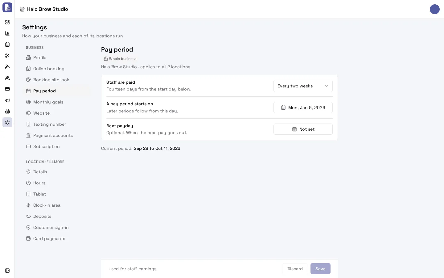 Settings, Pay period page with Staff are paid, A pay period starts on, Next payday and the current period