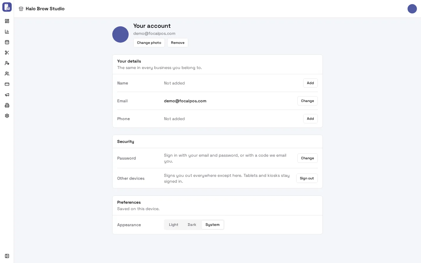 The Your account page with Your details, Security and Preferences
